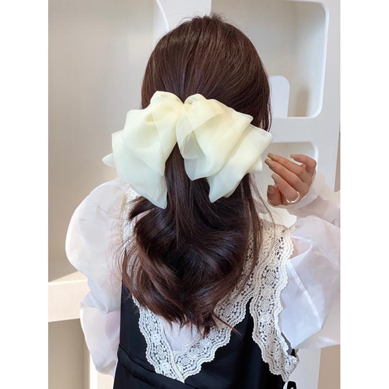 雪紡彈簧夾 馬尾超仙多層百搭 髮夾 法式超仙 蕾絲網紗蝴蝶結 頂夾 彈簧夾 後腦勺髮夾 頭飾ins風 韓國-細節圖5