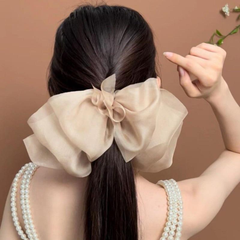 雪紡彈簧夾 馬尾超仙多層百搭 髮夾 法式超仙 蕾絲網紗蝴蝶結 頂夾 彈簧夾 後腦勺髮夾 頭飾ins風 韓國-細節圖9