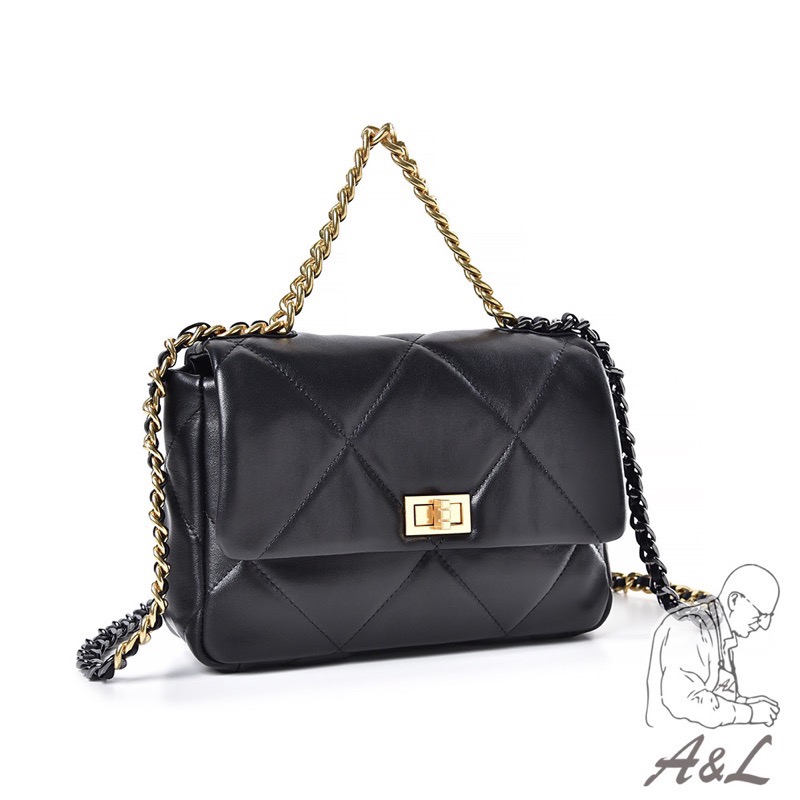 ✨全新現貨✨A&L老工匠-羊皮真皮菱格方釦鏈帶包柔軟手縫款-時尚黑台灣職人手作精神設計韓版復古造型風格韓妞款-細節圖2