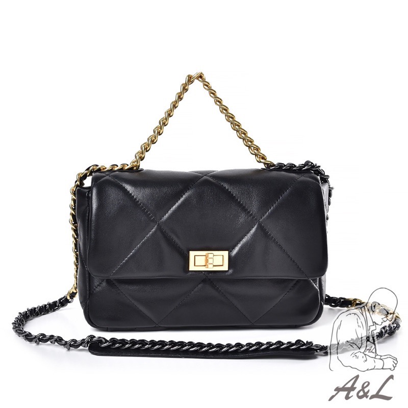 ✨全新現貨✨A&L老工匠-羊皮真皮菱格方釦鏈帶包柔軟手縫款-時尚黑台灣職人手作精神設計韓版復古造型風格韓妞款-細節圖3