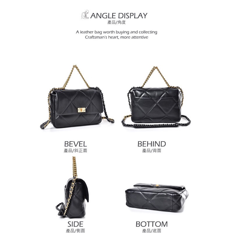 ✨全新現貨✨A&L老工匠-羊皮真皮菱格方釦鏈帶包柔軟手縫款-時尚黑台灣職人手作精神設計韓版復古造型風格韓妞款-細節圖7