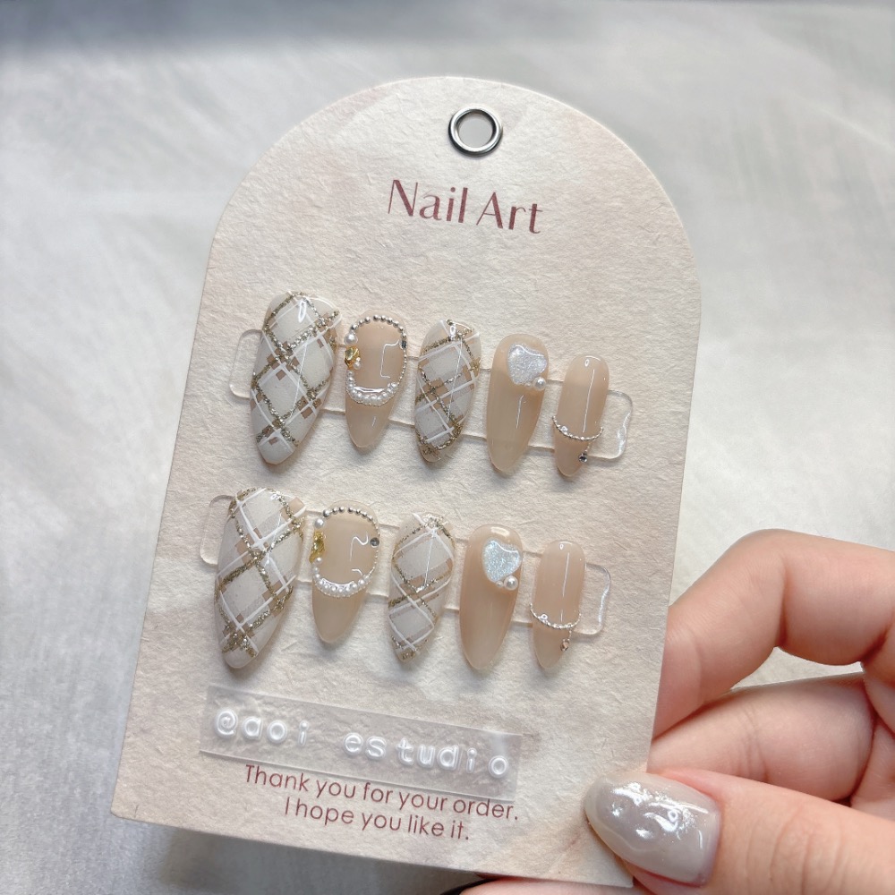 葵の手工穿戴甲🌻 輕奢優雅奶油格紋°˖✧◝-細節圖2