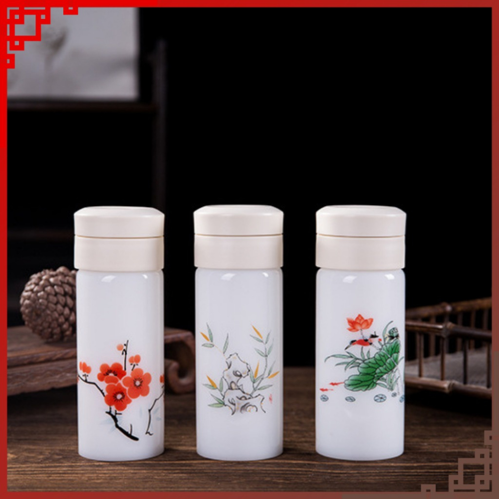 【巔品購物】景德鎮 350ml 玉瓷杯 一鍵開蓋 陶瓷保溫杯 景德鎮白玉 玉瓷保溫杯 陶瓷隨行杯-細節圖2