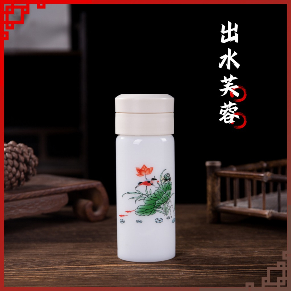 【巔品購物】景德鎮 350ml 玉瓷杯 一鍵開蓋 陶瓷保溫杯 景德鎮白玉 玉瓷保溫杯 陶瓷隨行杯-細節圖9