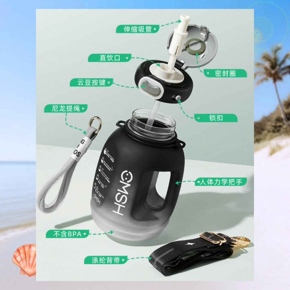 【巔品購物】【伸縮吸管】Tritan大容量水壺 1500ml 運動水壺 伊士曼tritan 噸噸桶 吨吨桶 磨砂 漸變-細節圖9