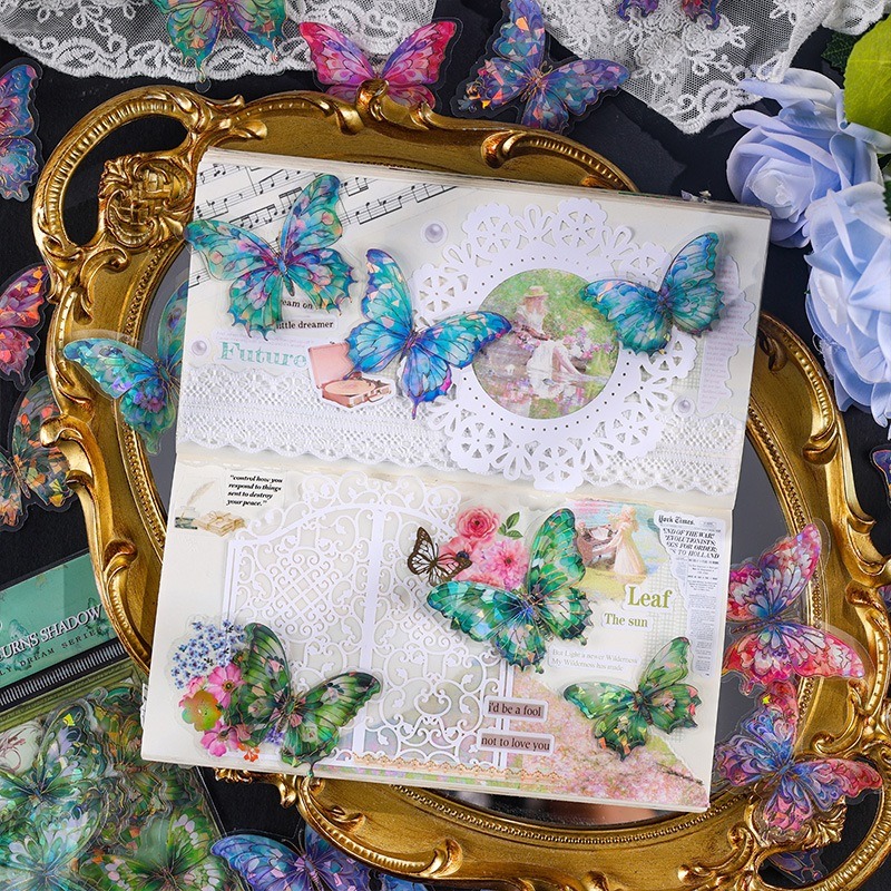 【巔品購物】鎏金蝶夢手帳貼紙包 復古燙金 貼畫 防水 手帳 咕卡 素材-細節圖2