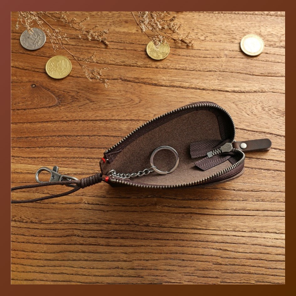 【巔品購物】瘋馬皮包 頭層皮拉鍊鑰匙包 汽車鑰匙包 男士腰掛包 瘋馬頭層牛皮 多功能鎖匙包-細節圖6