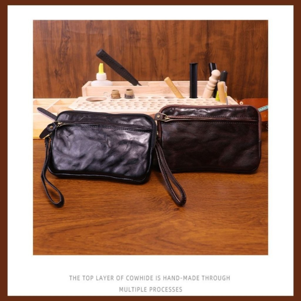 【巔品購物】植鞣皮復古包 頭層皮手拿包 植鞣皮手拿包 懷舊頭層皮包 大容量真皮皮包-細節圖3