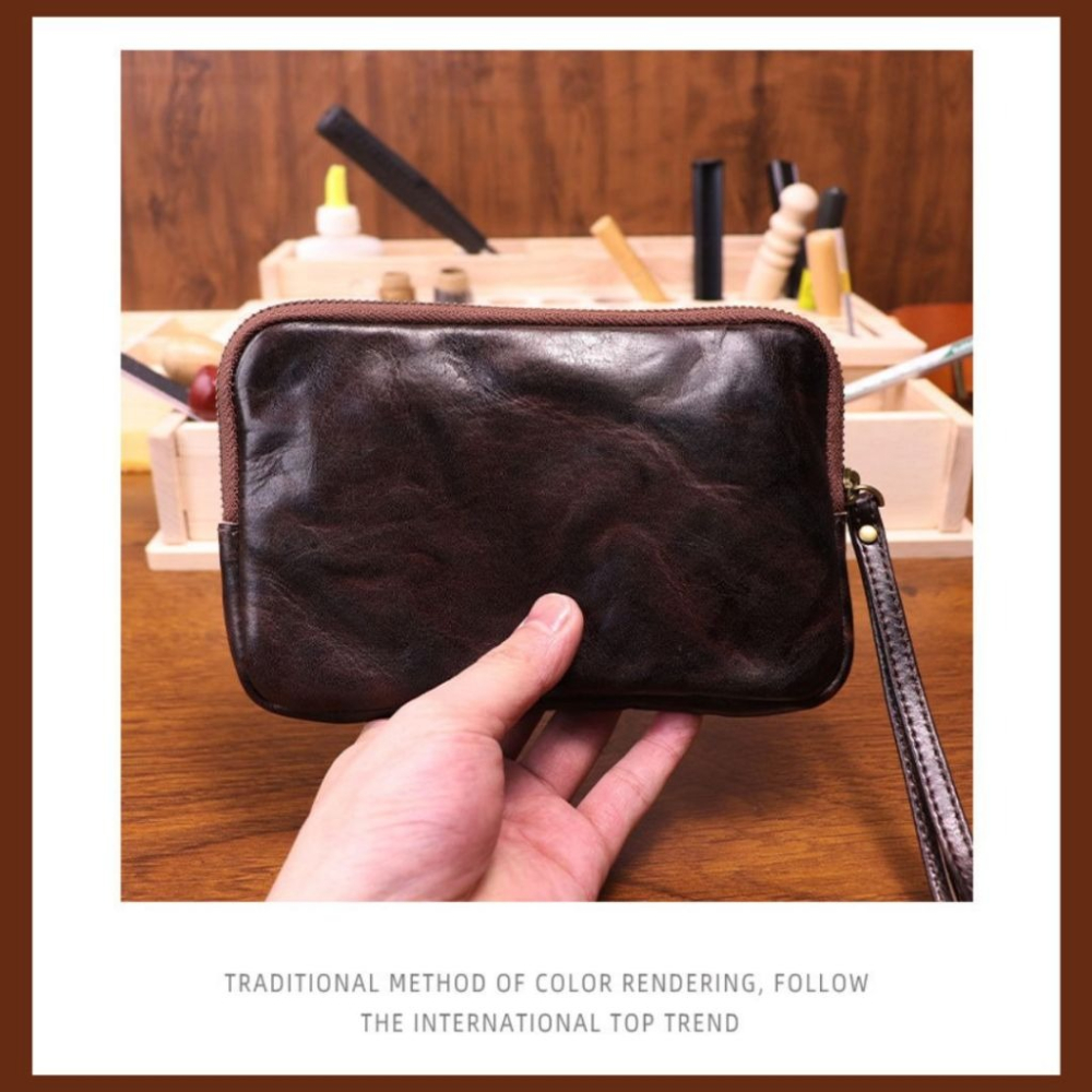 【巔品購物】植鞣皮復古包 頭層皮手拿包 植鞣皮手拿包 懷舊頭層皮包 大容量真皮皮包-細節圖5