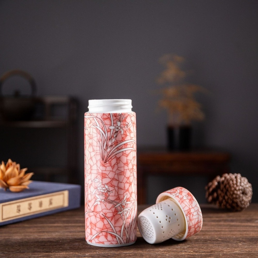 【巔品購物】【景德鎮】全陶瓷雙層保溫杯 500ml花卉彩繪杯 居家辦公水杯 陶瓷杯 雙層全瓷杯-細節圖2