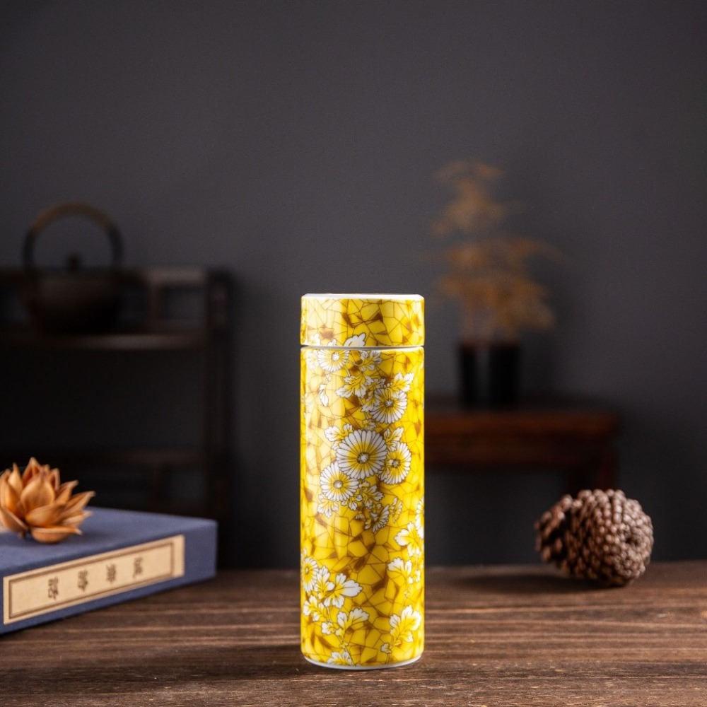 【巔品購物】【景德鎮】全陶瓷雙層保溫杯 500ml花卉彩繪杯 居家辦公水杯 陶瓷杯 雙層全瓷杯-細節圖5