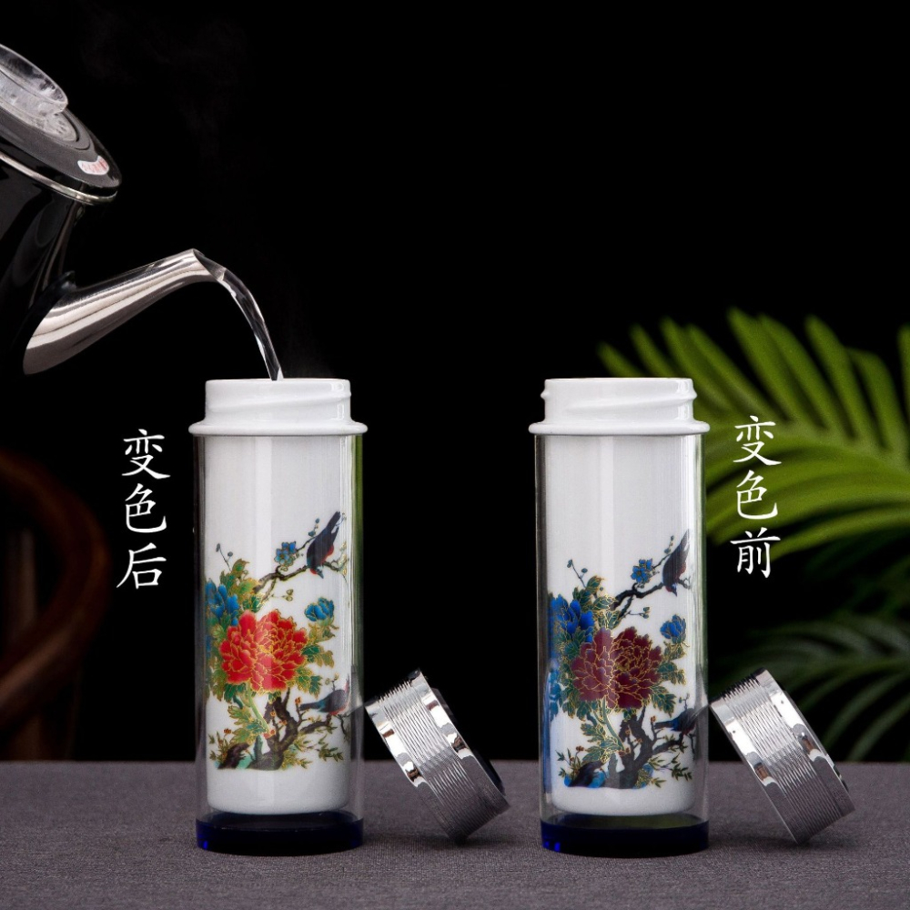 【巔品購物】【景德鎮】(可變色) 陶瓷保溫杯 雙層玻璃陶瓷杯 手繪青花 瓷杯 杯子 保溫杯-細節圖2