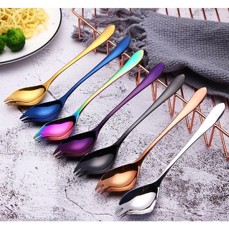 【巔品購物】304不鏽鋼 創意沙拉/意麵叉勺 湯匙 叉子 沙拉叉 義大利麵叉 一體兩用勺叉 不銹鋼-細節圖3