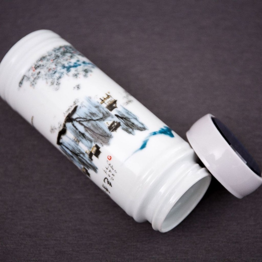 【巔品】✅發票【景德鎮】雙層陶瓷保溫杯 350ml陶瓷杯 青花瓷 雙層內膽 青花花紋 彩花瓷杯 陶瓷 陶磁杯 保溫杯 咖-細節圖2