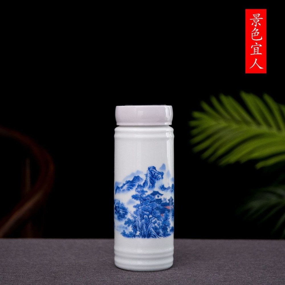 【巔品】✅發票【景德鎮】雙層陶瓷保溫杯 350ml陶瓷杯 青花瓷 雙層內膽 青花花紋 彩花瓷杯 陶瓷 陶磁杯 保溫杯 咖-細節圖5