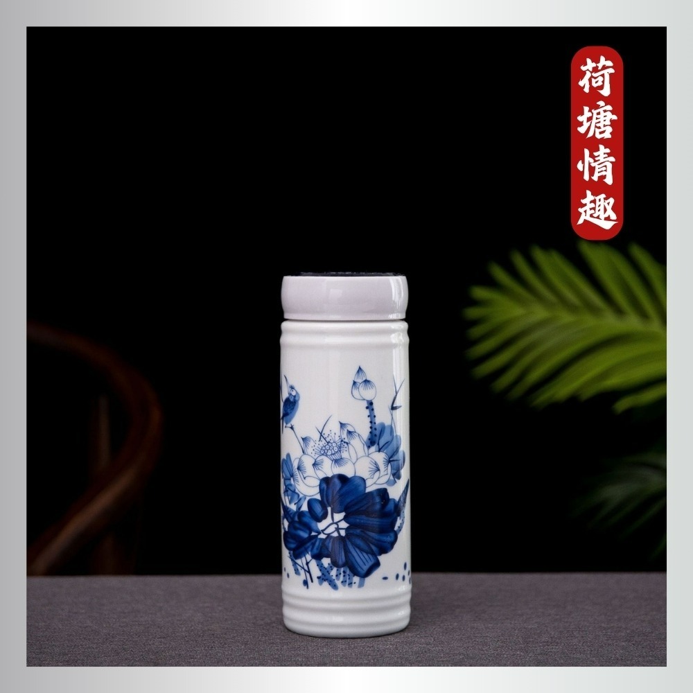 【巔品】✅發票【景德鎮】雙層陶瓷保溫杯 350ml陶瓷杯 青花瓷 雙層內膽 青花花紋 彩花瓷杯 陶瓷 陶磁杯 保溫杯 咖-規格圖5