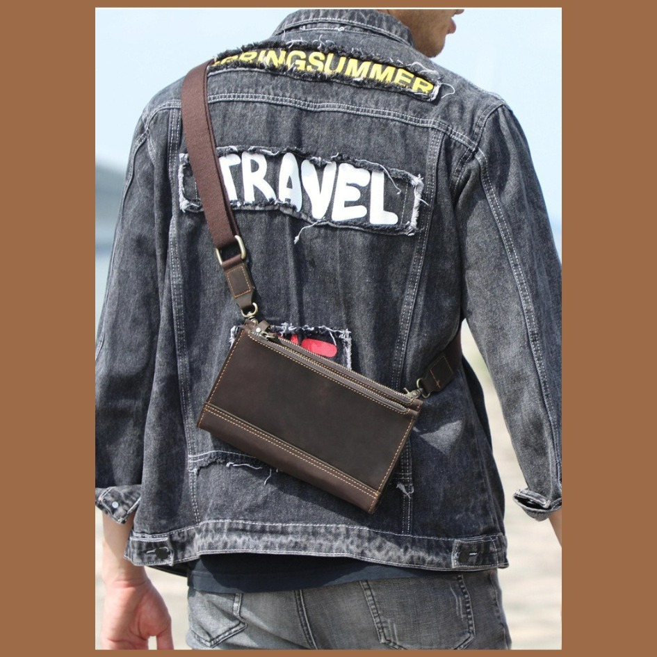 【巔品購物】頭層牛皮單肩包 瘋馬皮手拿包 男士大容量皮包 復古真皮 牛皮斜跨包-細節圖3