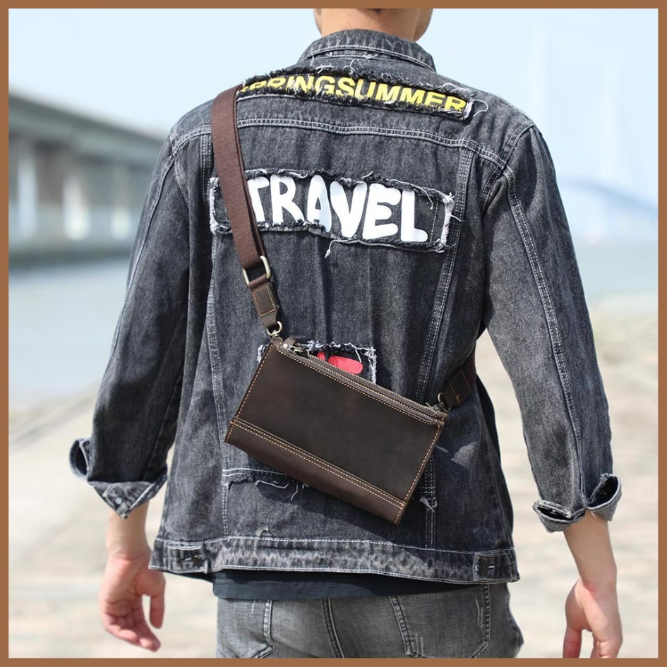 【巔品購物】頭層牛皮單肩包 瘋馬皮手拿包 男士大容量皮包 復古真皮 牛皮斜跨包-細節圖2