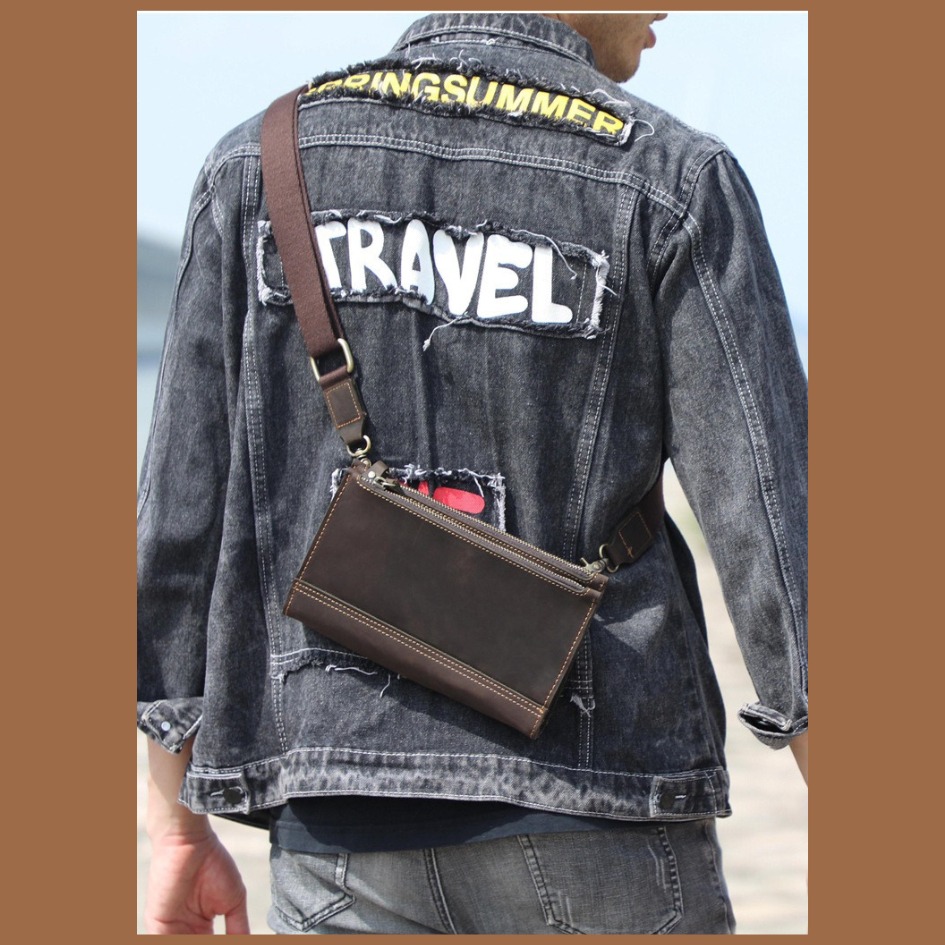 【巔品購物】頭層牛皮單肩包 瘋馬皮手拿包 男士大容量皮包 復古真皮 牛皮斜跨包-細節圖3