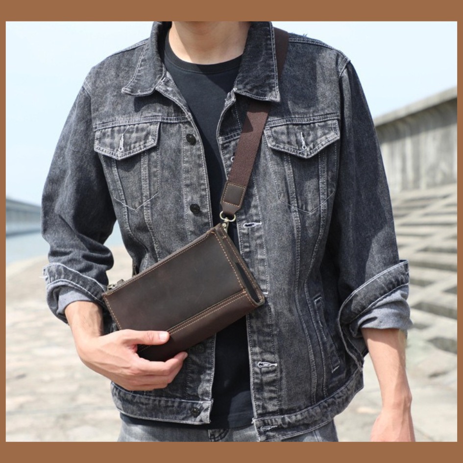 【巔品購物】頭層牛皮單肩包 瘋馬皮手拿包 男士大容量皮包 復古真皮 牛皮斜跨包-細節圖4