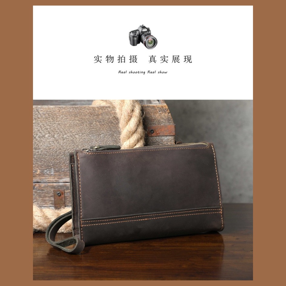 【巔品購物】頭層牛皮單肩包 瘋馬皮手拿包 男士大容量皮包 復古真皮 牛皮斜跨包-細節圖8