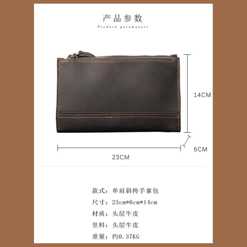 【巔品購物】頭層牛皮單肩包 瘋馬皮手拿包 男士大容量皮包 復古真皮 牛皮斜跨包-細節圖9