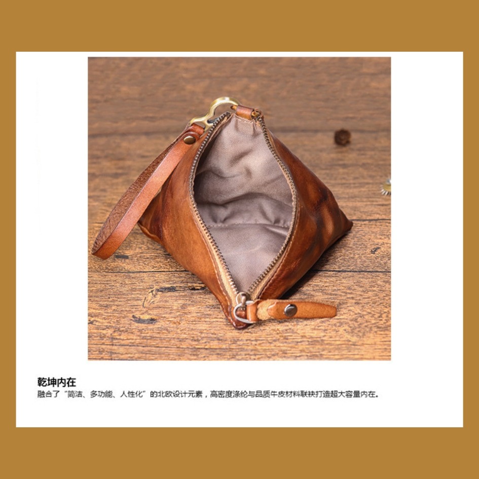 【巔品購物】植鞣皮三角錢包 復古頭層皮錢袋 真皮錢包 鑰匙包 植鞣皮-細節圖6