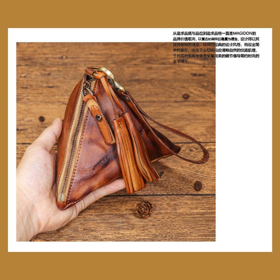 【巔品購物】植鞣皮三角錢包 復古頭層皮錢袋 真皮錢包 鑰匙包 植鞣皮-細節圖7