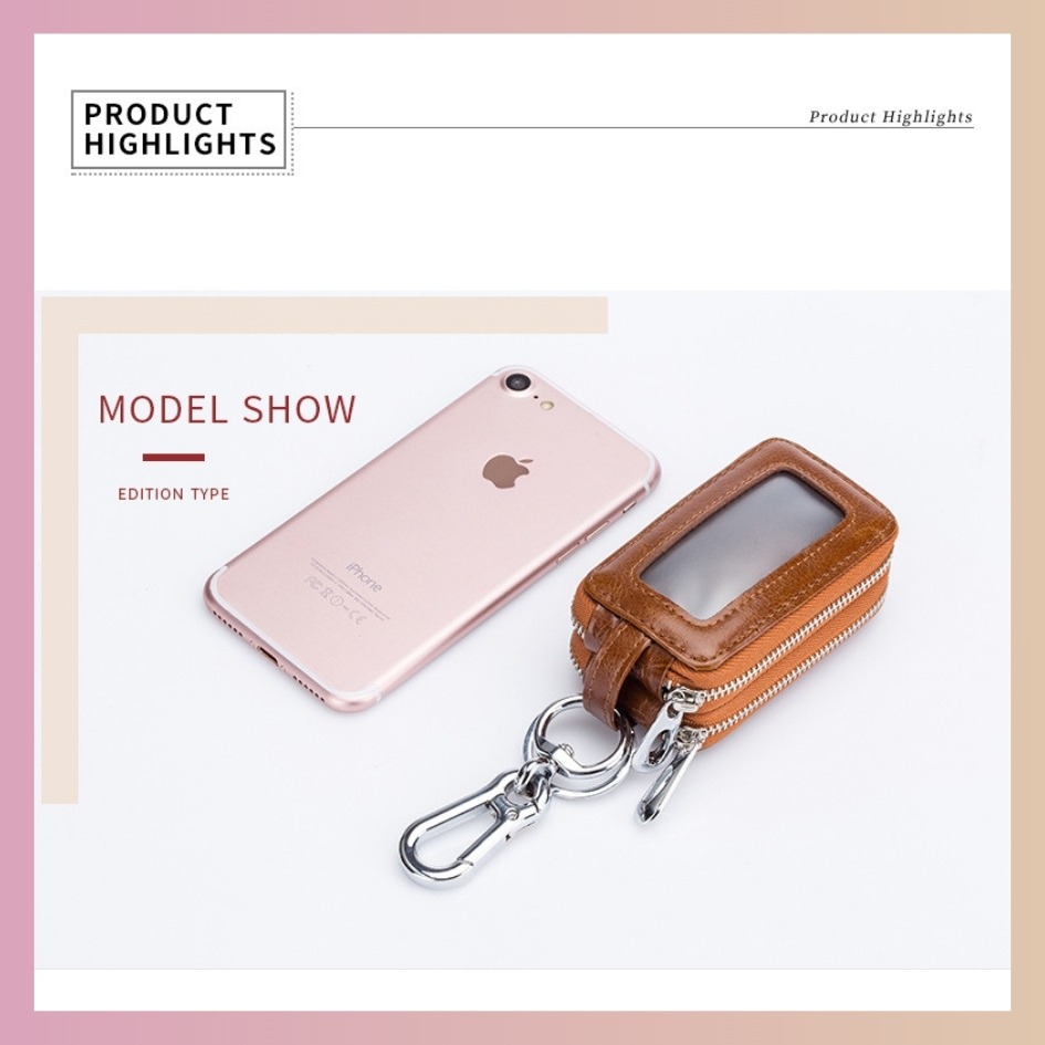 【巔品購物】真皮鑰匙包 牛皮鑰匙包 二層皮 雙袋 大容量 透明開窗 黑色 粉色 汽車鑰匙包 金屬扣環-細節圖5