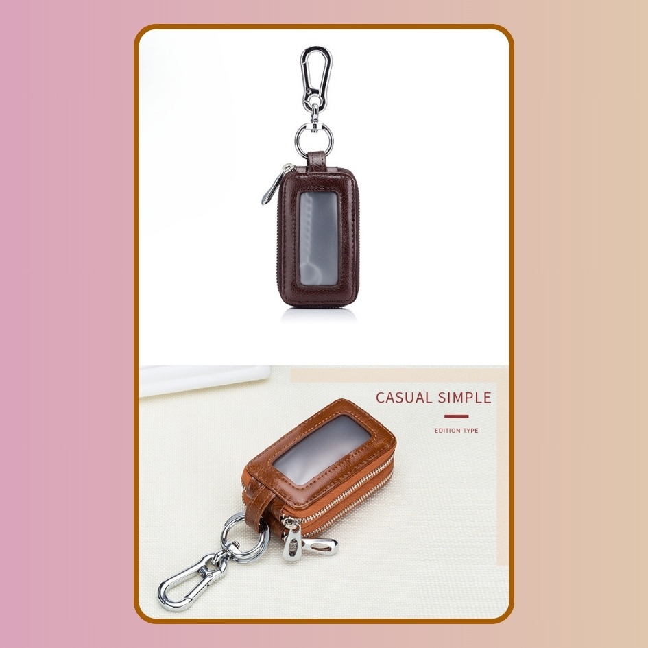 【巔品購物】真皮鑰匙包 牛皮鑰匙包 二層皮 雙袋 大容量 透明開窗 黑色 粉色 汽車鑰匙包 金屬扣環-細節圖7