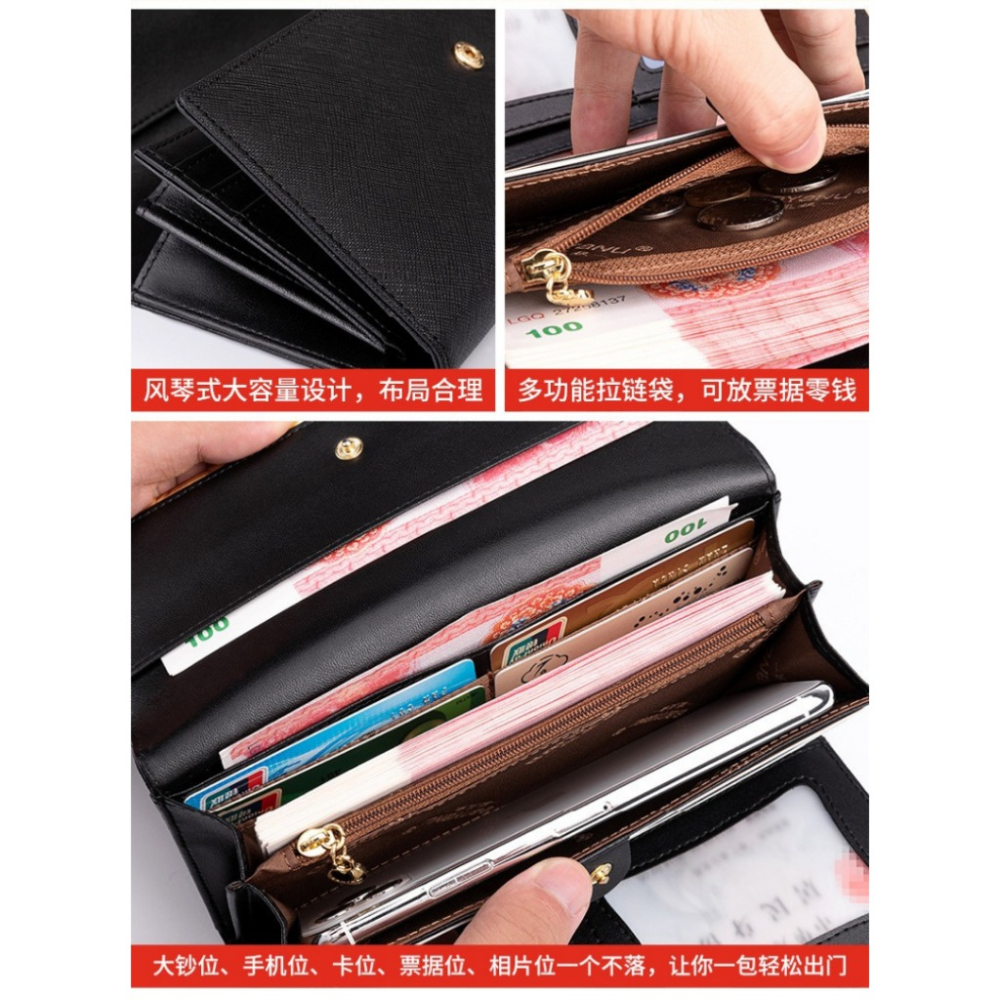 【巔品購物】 女款 十字紋牛皮手拿包 防盜刷 12格卡槽 3折手拿包 女用手拿包-細節圖6