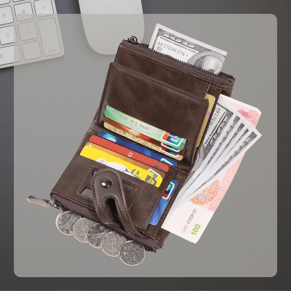 【巔品購物】復古拉鍊皮夾 仿真皮革短夾 PU環保材質 仿皮錢包 帥氣皮夾 新潮二折皮夾-細節圖3