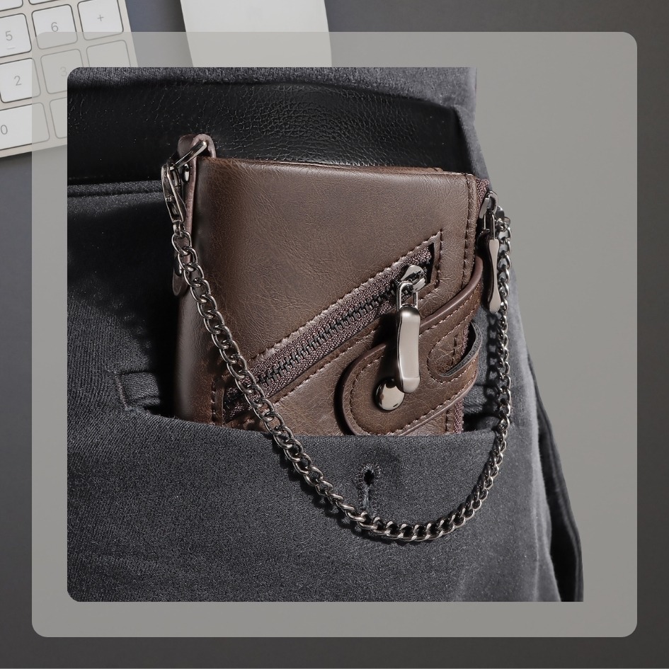 【巔品購物】復古拉鍊皮夾 仿真皮革短夾 PU環保材質 仿皮錢包 帥氣皮夾 新潮二折皮夾-細節圖4