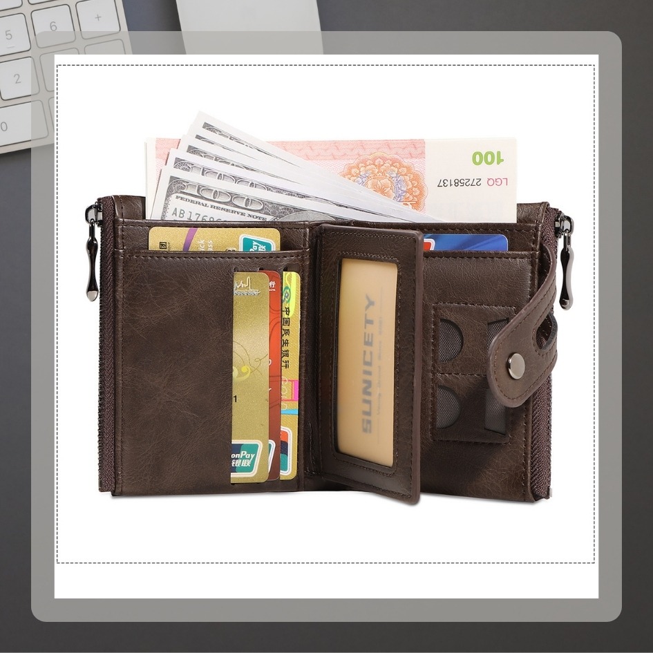 【巔品購物】復古拉鍊皮夾 仿真皮革短夾 PU環保材質 仿皮錢包 帥氣皮夾 新潮二折皮夾-細節圖5