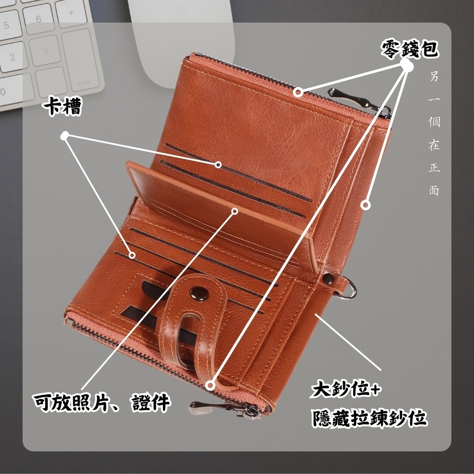 【巔品購物】復古拉鍊皮夾 仿真皮革短夾 PU環保材質 仿皮錢包 帥氣皮夾 新潮二折皮夾-細節圖7