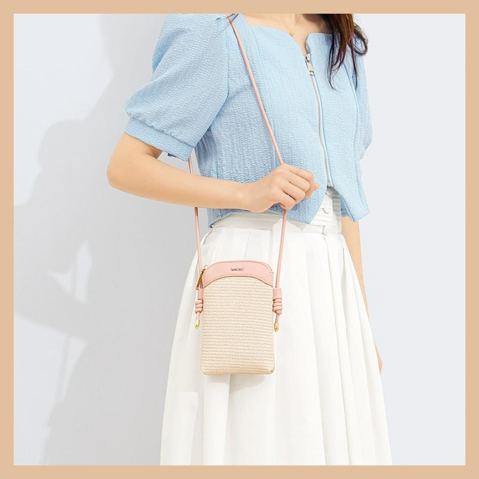 【巔品購物】清新甜美風 環保PU手機包 仿真草編包 PU手機包 女生手機包 斜背手機包 大容量手機包-細節圖2