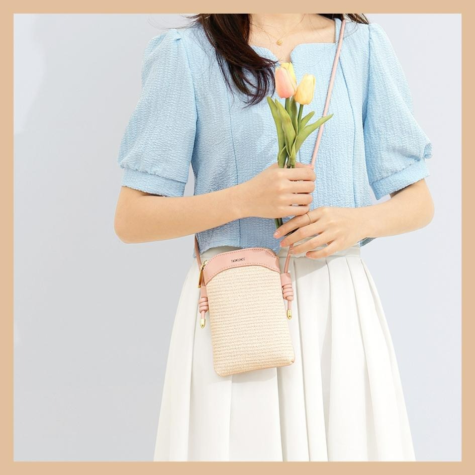 【巔品購物】清新甜美風 環保PU手機包 仿真草編包 PU手機包 女生手機包 斜背手機包 大容量手機包-細節圖4