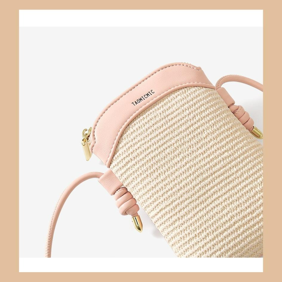 【巔品購物】清新甜美風 環保PU手機包 仿真草編包 PU手機包 女生手機包 斜背手機包 大容量手機包-細節圖6