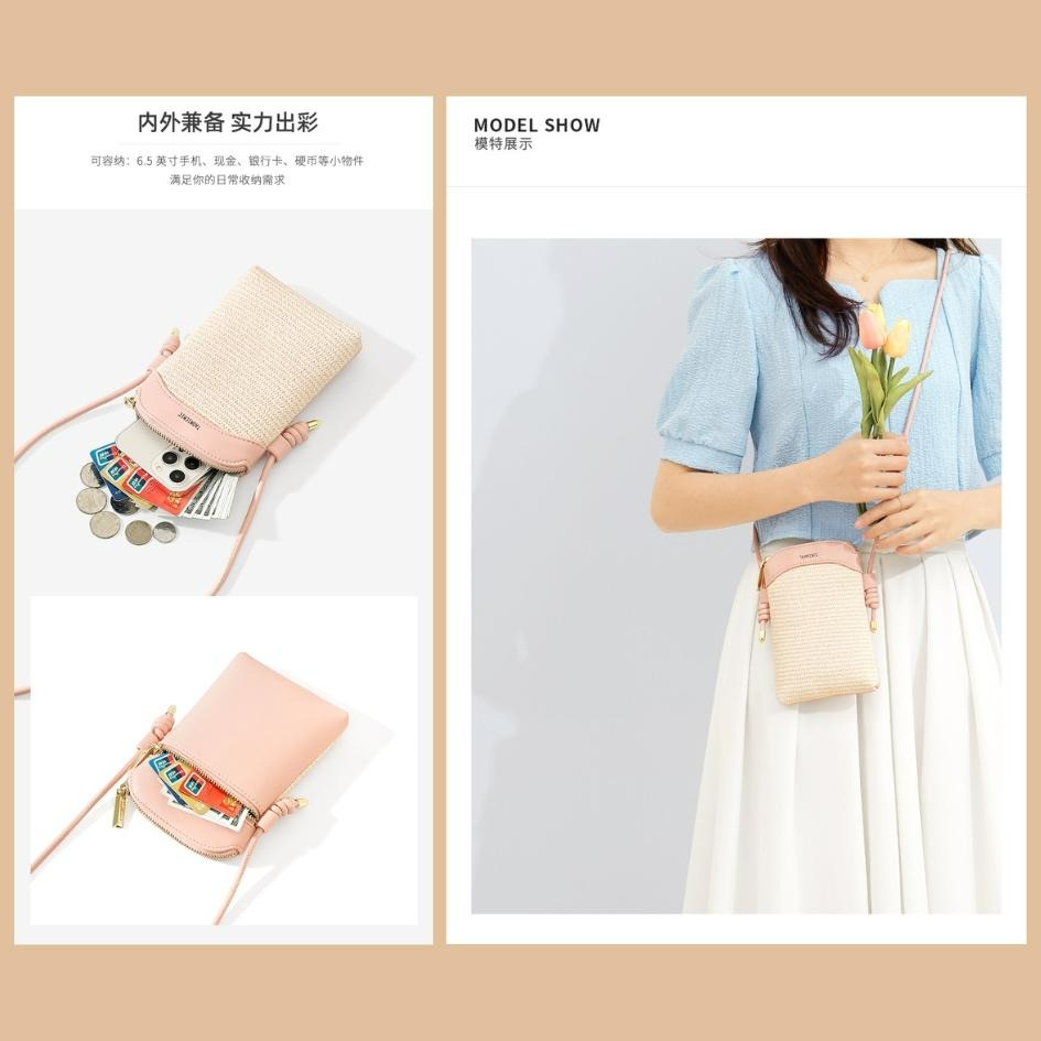 【巔品購物】清新甜美風 環保PU手機包 仿真草編包 PU手機包 女生手機包 斜背手機包 大容量手機包-細節圖7