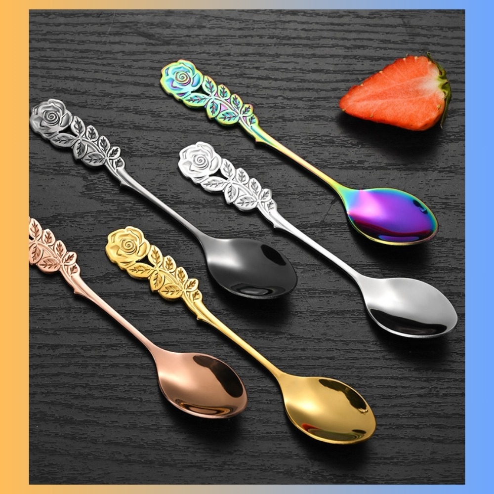 【巔品購物】 玫瑰造型手柄 咖啡湯匙 攪拌湯匙 不鏽鋼湯匙 創意造型 優雅造型-細節圖3