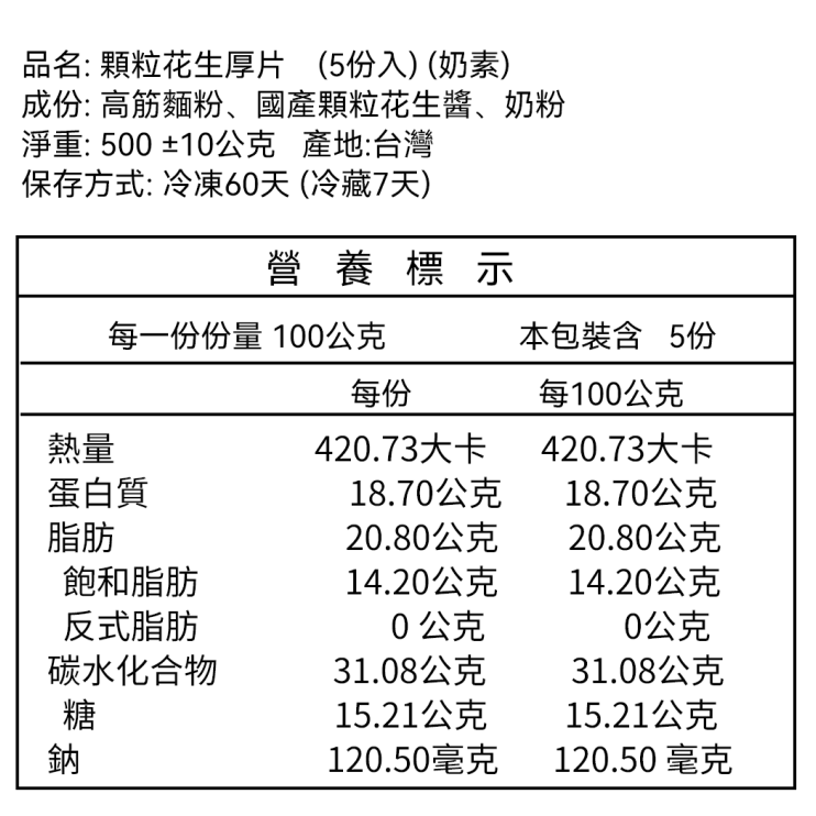 *奶素 - 經典顆粒花生厚片（5片裝）-規格圖1