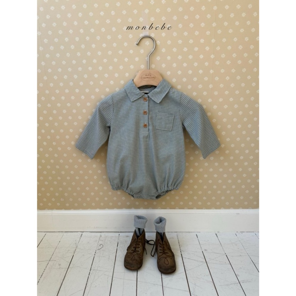 MONBEBE 春季細格翻領包屁衣-細節圖3