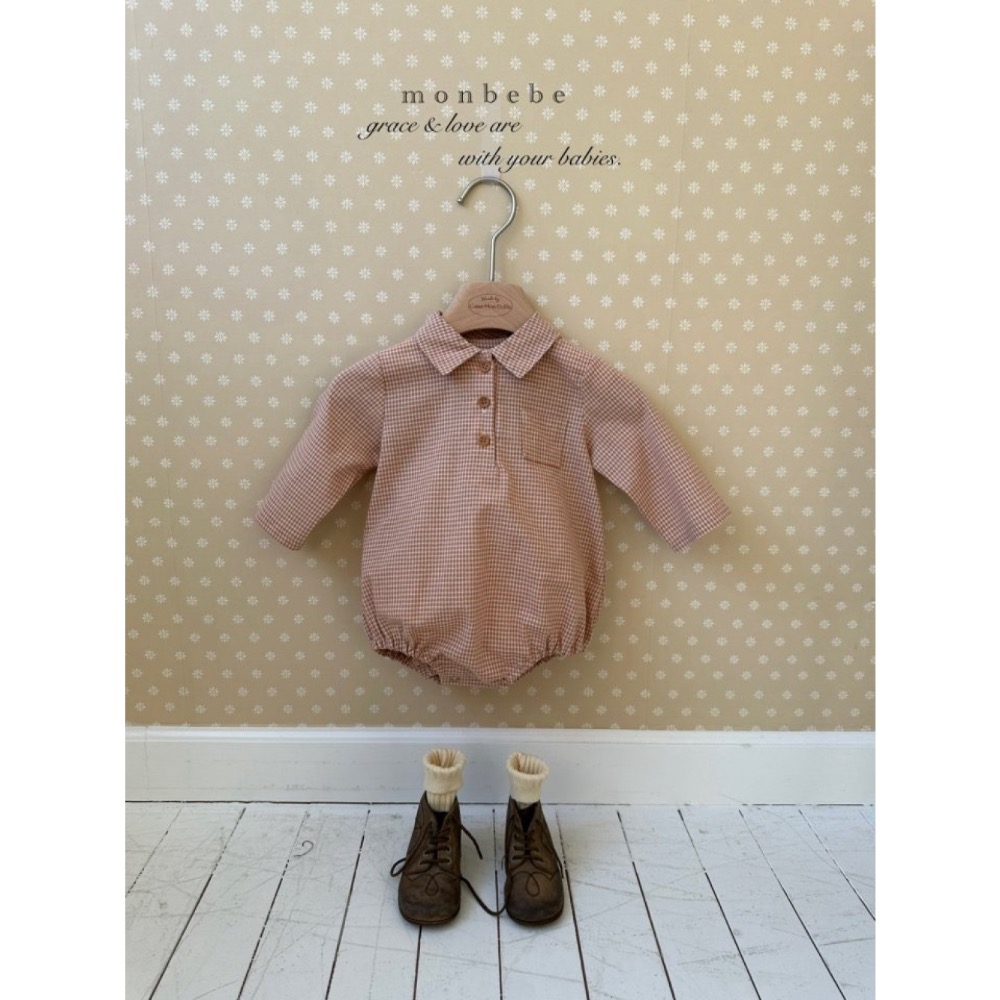 MONBEBE 春季細格翻領包屁衣-細節圖4