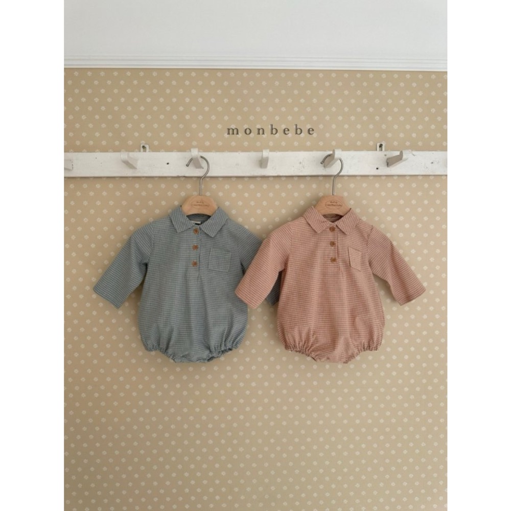 MONBEBE 春季細格翻領包屁衣-細節圖5