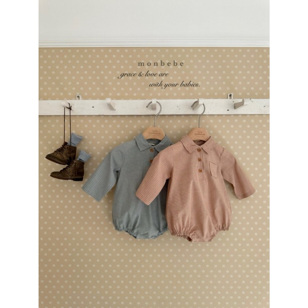 MONBEBE 春季細格翻領包屁衣-細節圖7