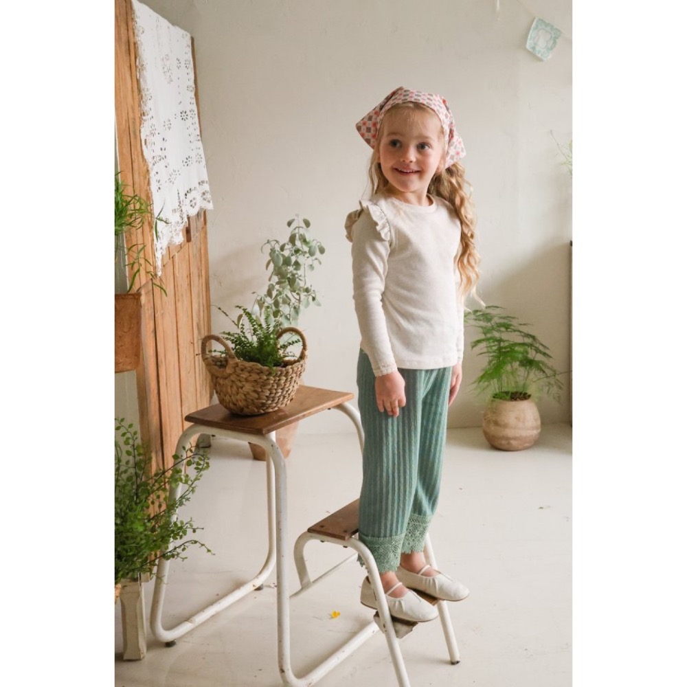 Flo 春季坑條紋針織布蕾絲長褲-細節圖2