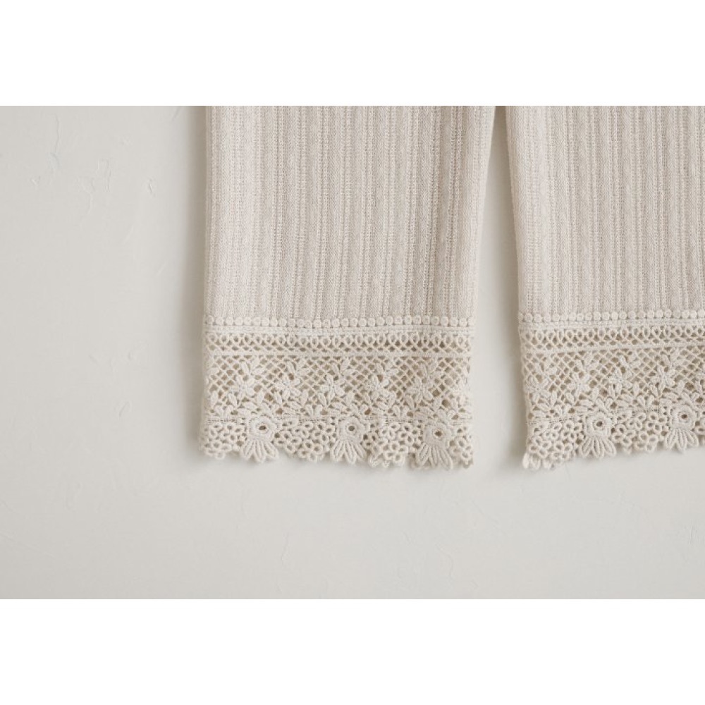 Flo 春季坑條紋針織布蕾絲長褲-細節圖10