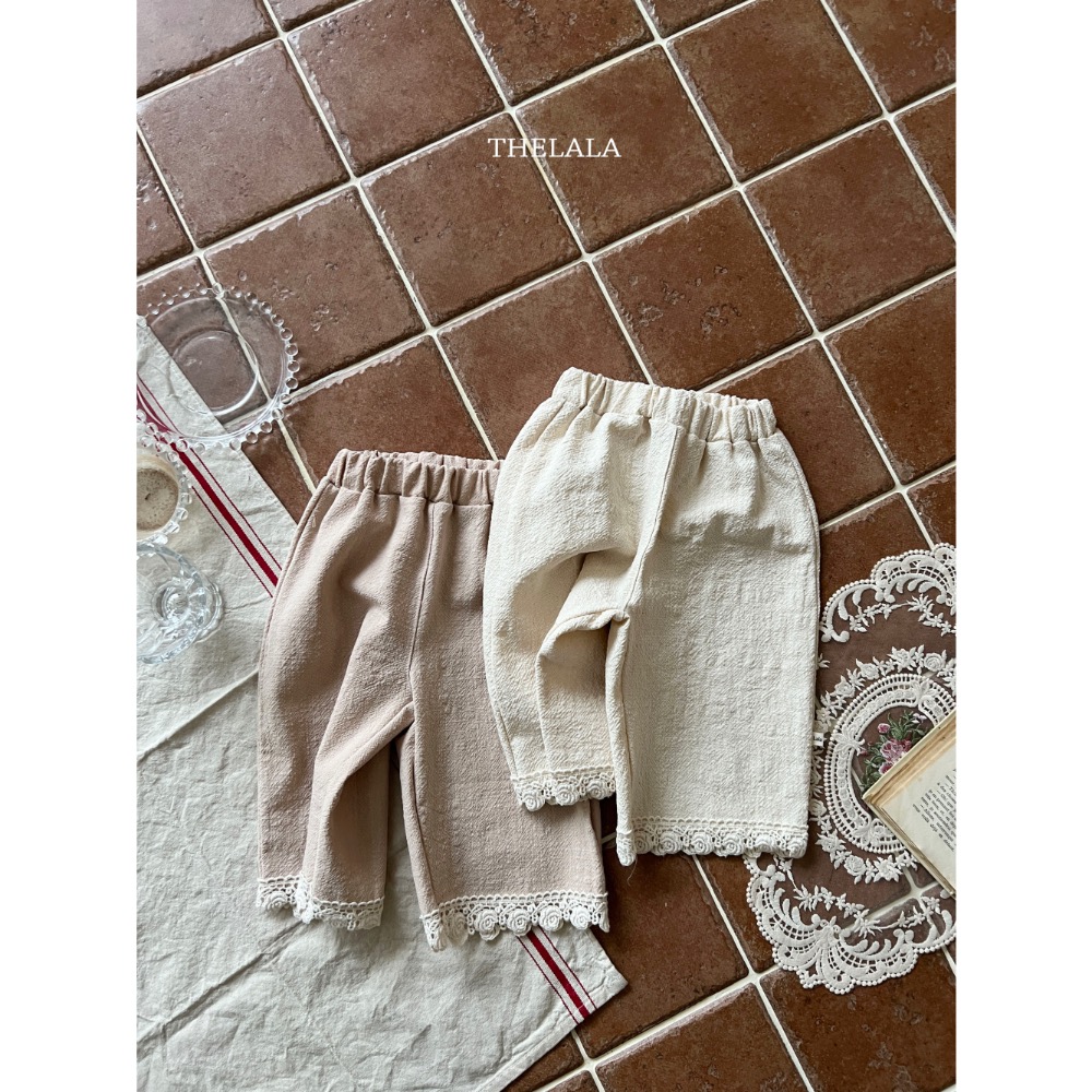 The lala 春季棉麻拼接布蕾絲長褲-細節圖3