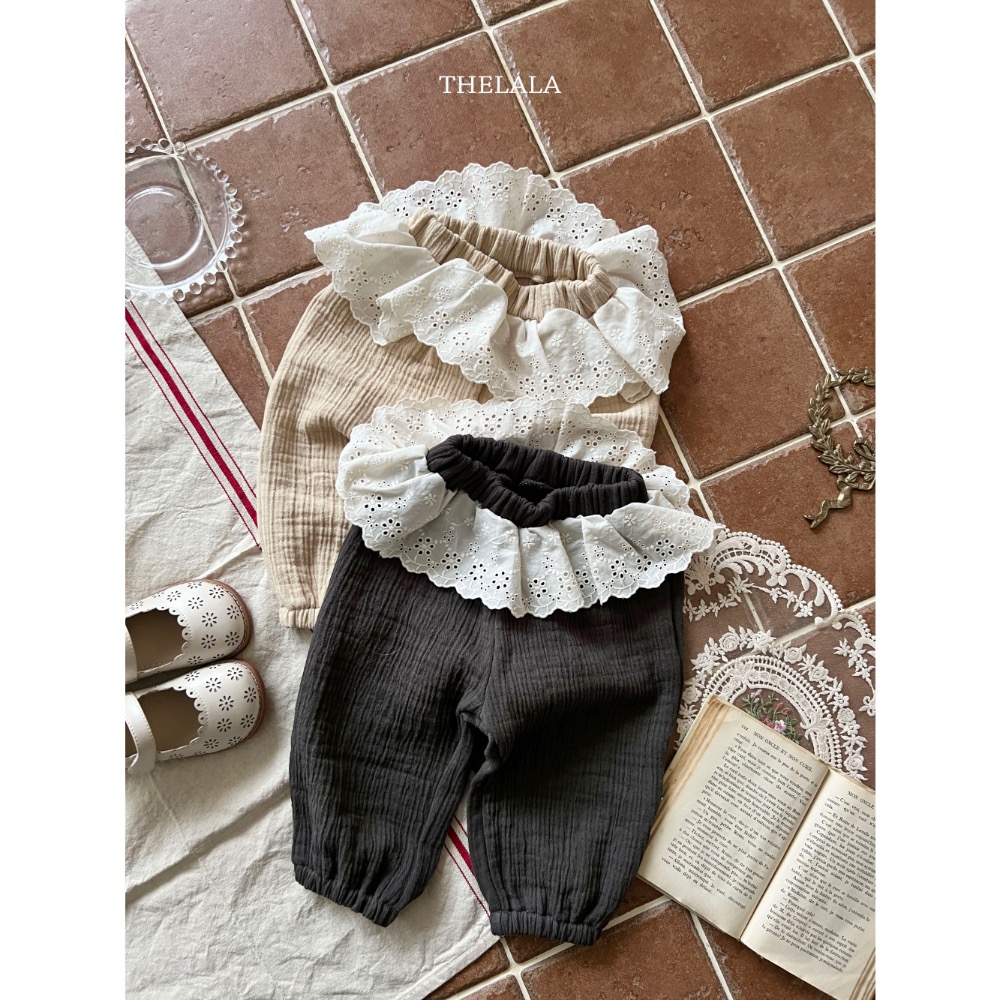 The lala 春季棉麻蕾絲縮口長褲-細節圖3