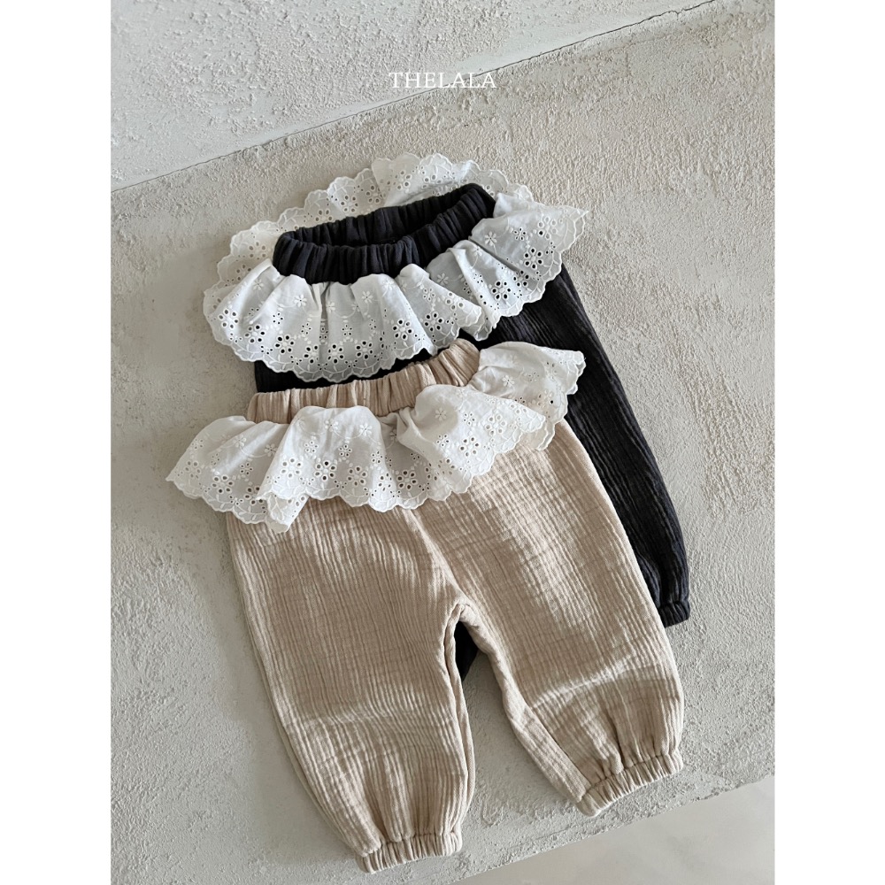 The lala 春季棉麻蕾絲縮口長褲-細節圖5